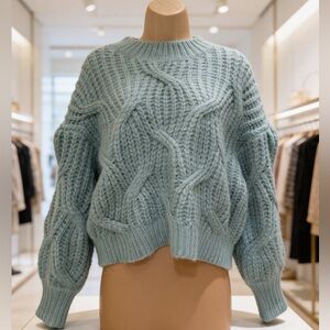 Lush Light Blue Chunky Cable Knit Cropped Sweater Balloon Sleeve Cozy Size M